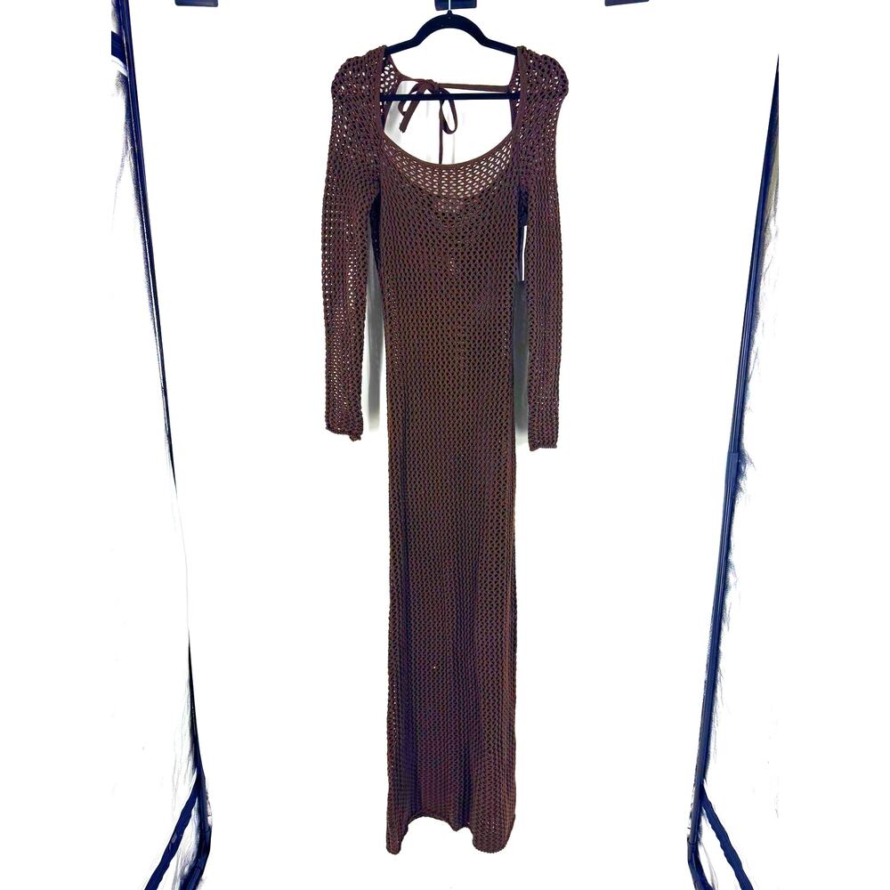 NWT NA-KD Romee Strijd Brown Crochet Knitted Long Sleeve Maxi Dress Medium